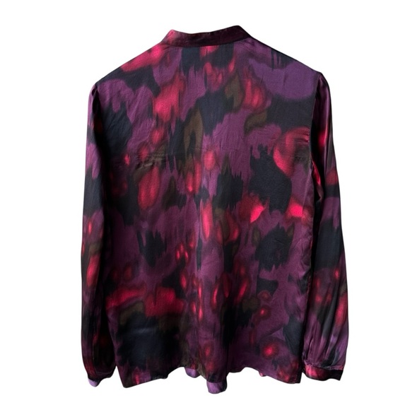 Theory Silk Blouse Top Purple Black Bianca Pleated Keyhole Long Sleeve Sz Medium - Picture 3 of 9